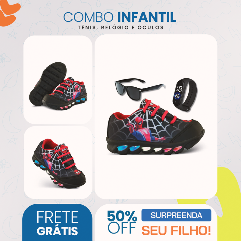 Tênis de led infantil masculino Homem Aranha com luzinha mais relogio e óculos