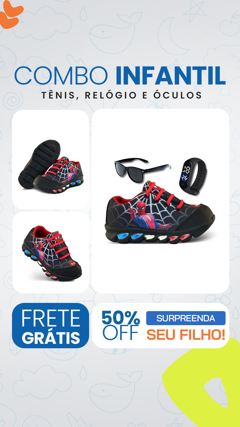 Tênis de led infantil masculino Homem Aranha com luzinha mais relogio e óculos