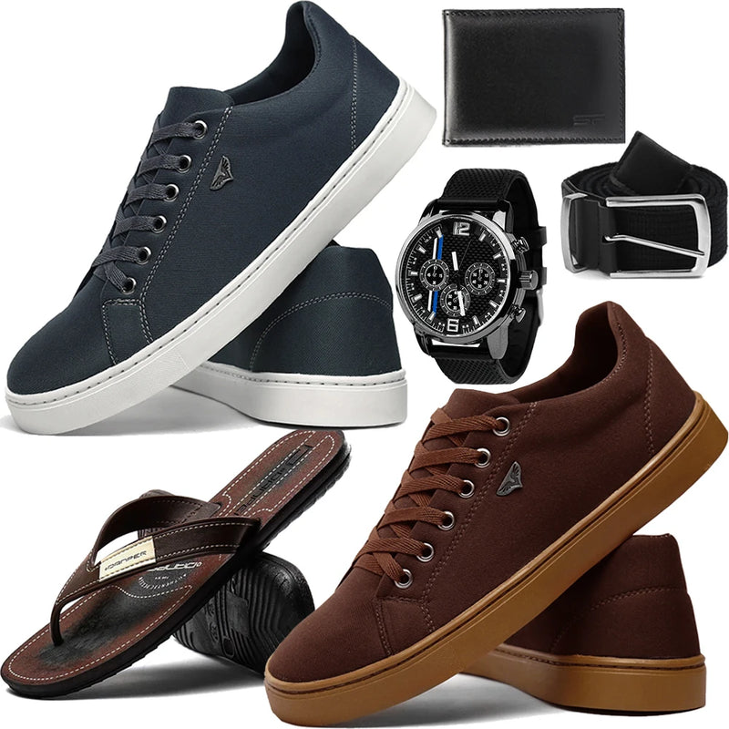 Super Kit 2 Tênis Masculino Casual + Chinelo + Relógio + Carteira + Cinto..