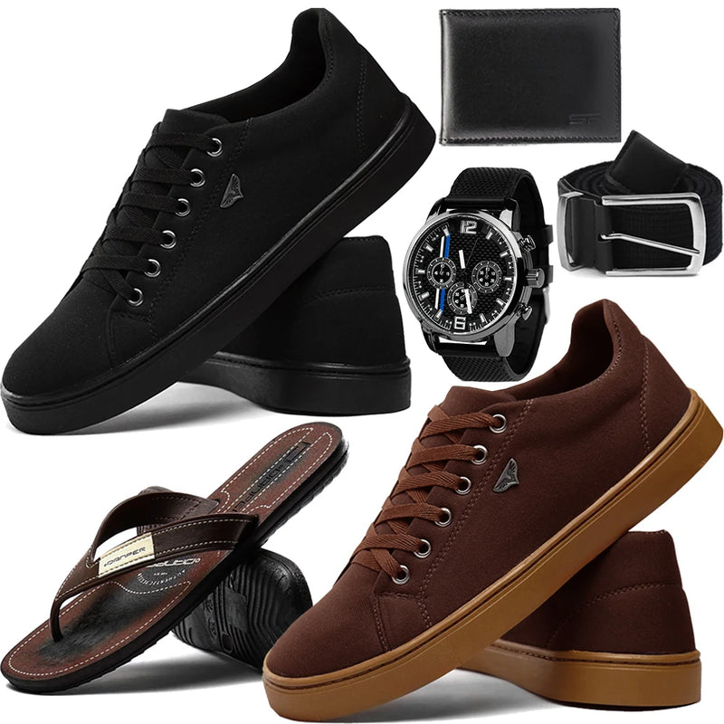 Super Kit 2 Tênis Masculino Casual + Chinelo + Relógio + Carteira + Cinto..