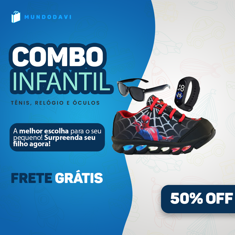 Tênis de led infantil masculino Homem Aranha com luzinha mais relogio e óculos